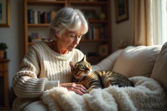 Femme âgée observant son chat sur un canapé lumineux