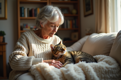 Femme âgée observant son chat sur un canapé lumineux