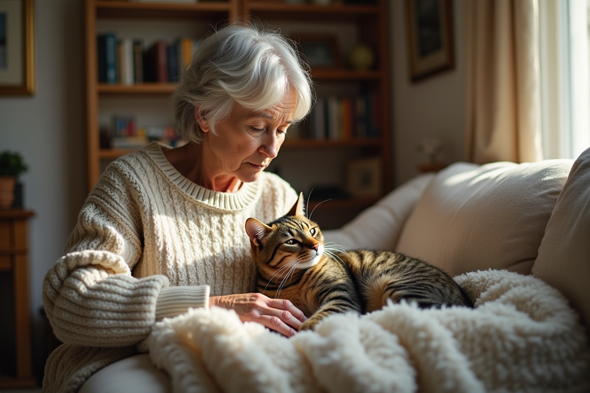 Femme âgée observant son chat sur un canapé lumineux