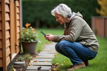 Femme en extérieur photographiant des déjections animales