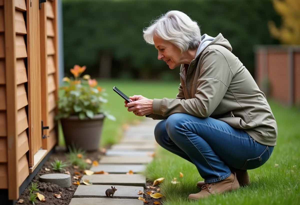 Femme en extérieur photographiant des déjections animales