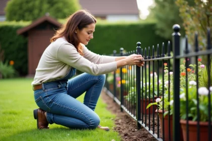 Femme en jardinage installant une clôture décorative