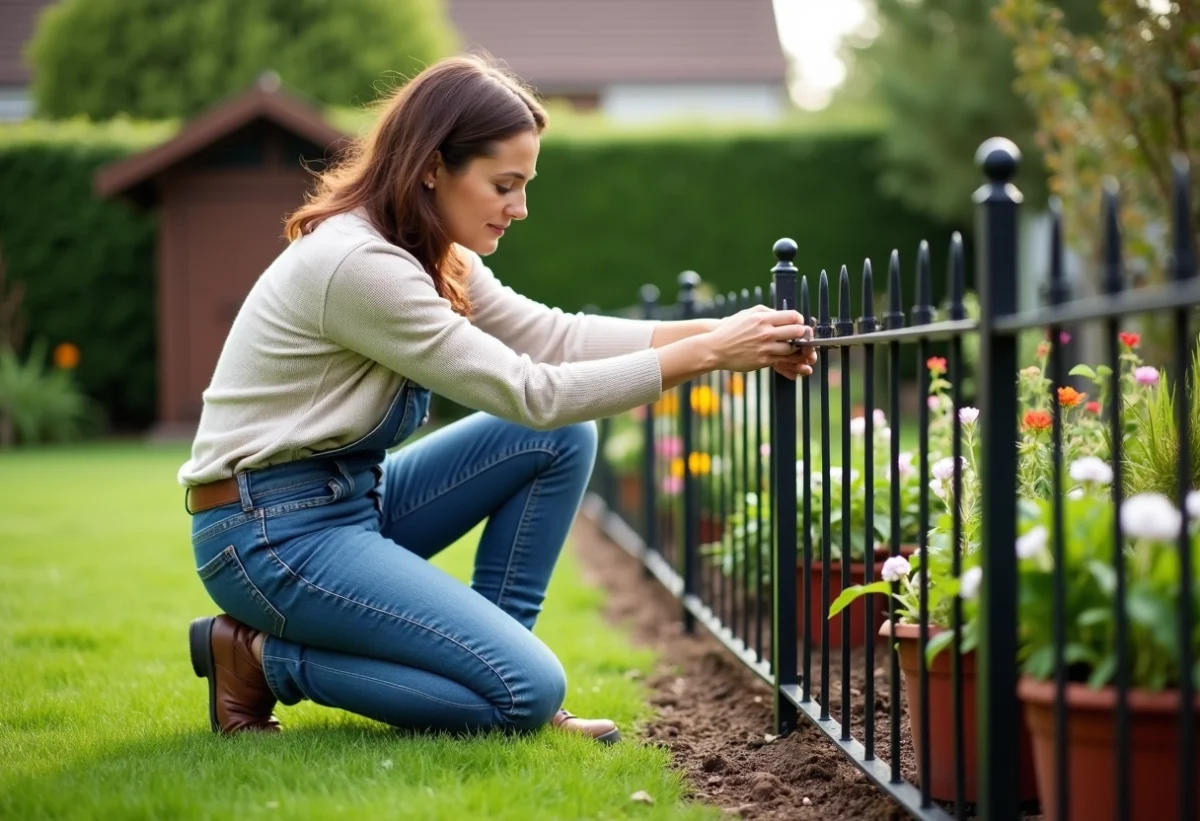 Femme en jardinage installant une clôture décorative