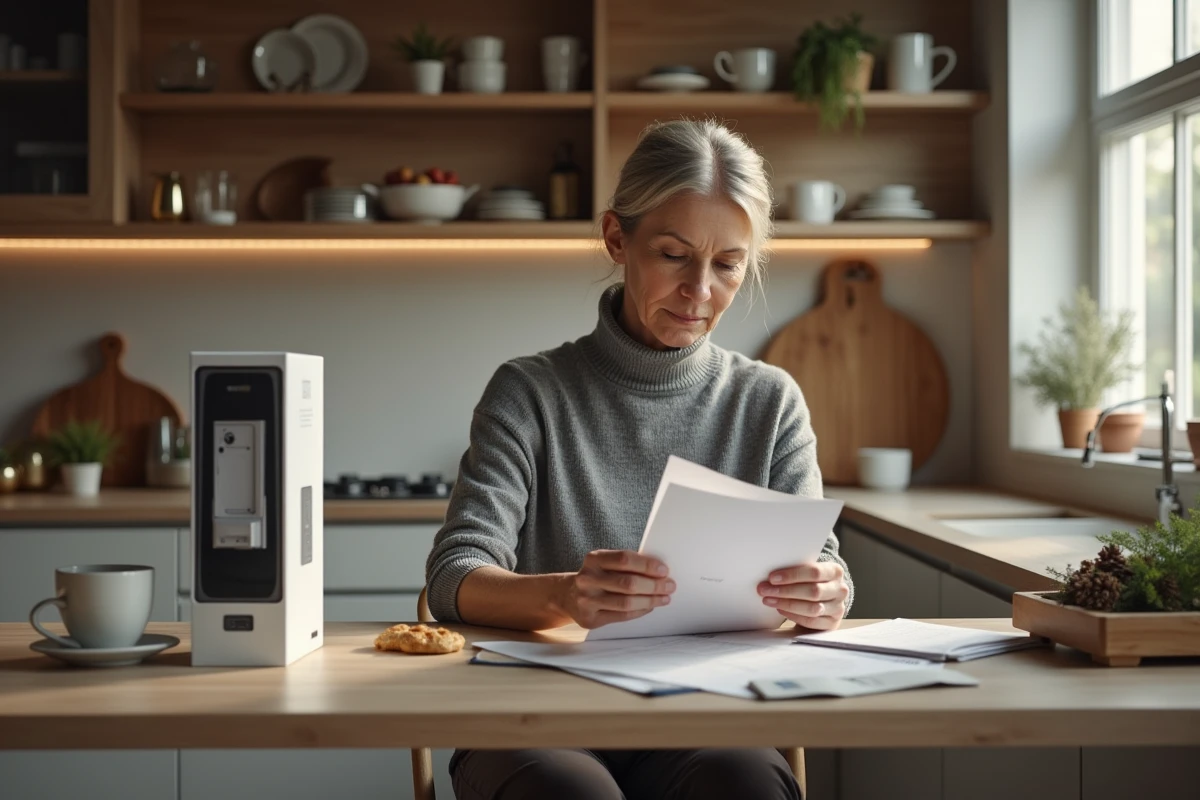 Femme réfléchissant à un jouet hightech dans la cuisine