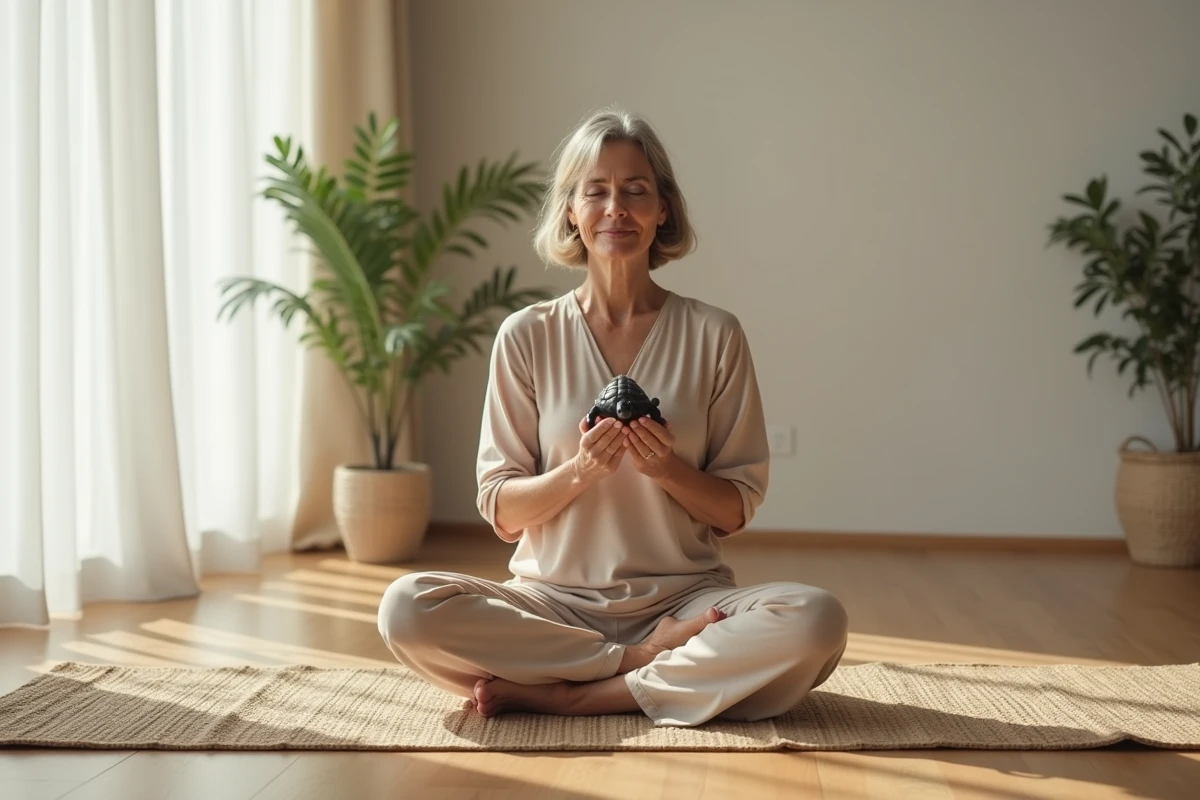 Femme méditant avec figurine tortue dans un intérieur calme