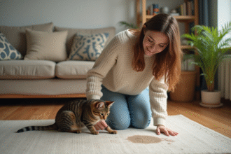 Jeune femme nettoyant un tapis avec un chat domestique