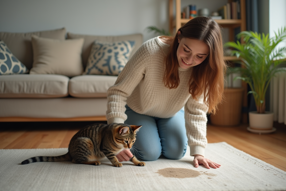 Jeune femme nettoyant un tapis avec un chat domestique