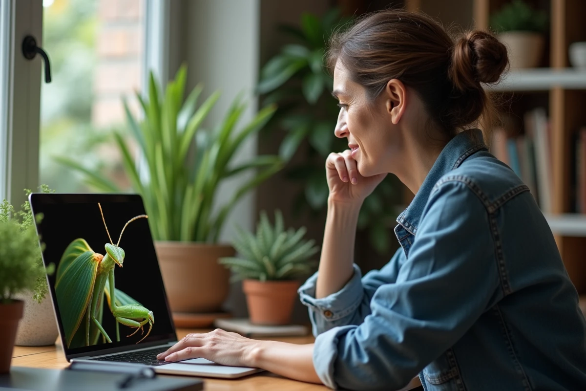Femme examinant une photo de mante religieuse sur son ordinateur