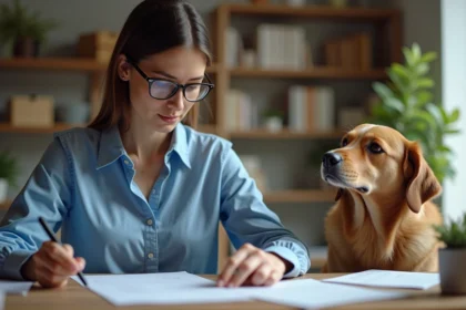 Femme organisée avec son chien à la maison