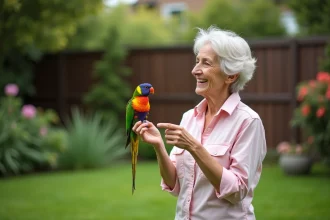 Femme tenant un perroquet rosella dans un jardin