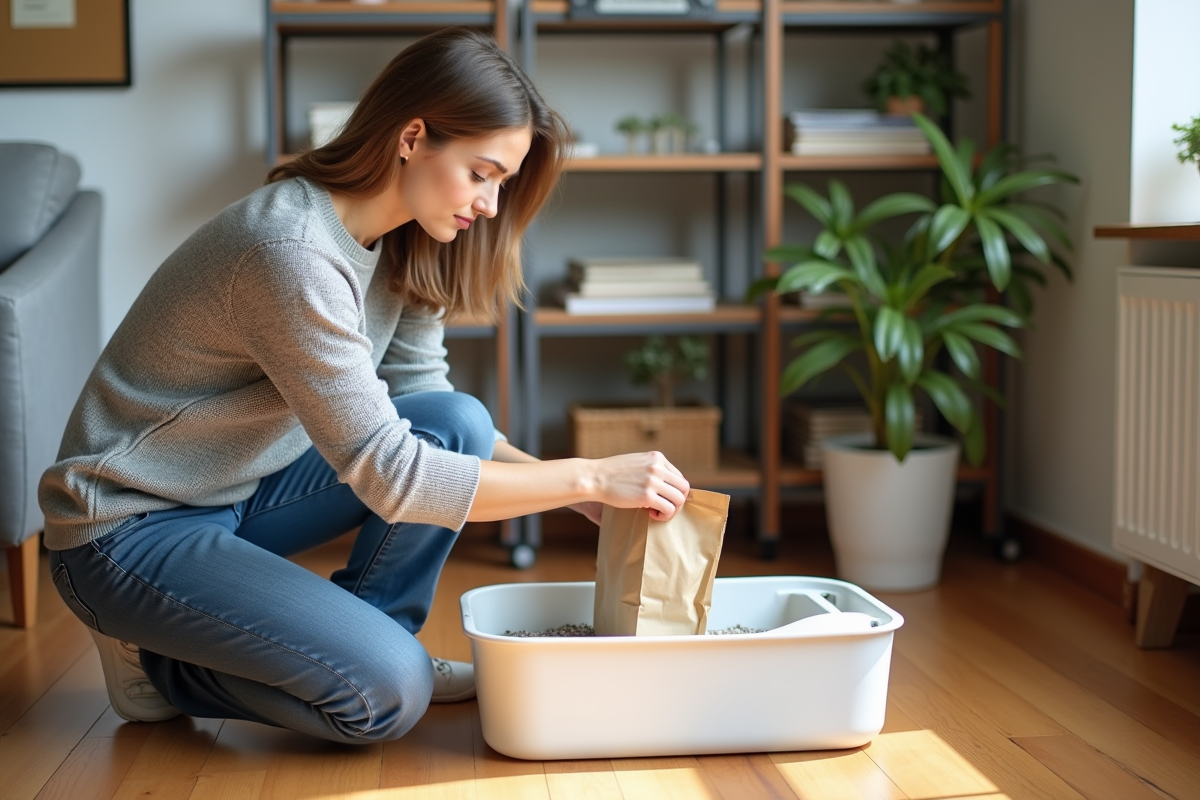 Jeune femme verse de la litière pour chat dans une caisse moderne