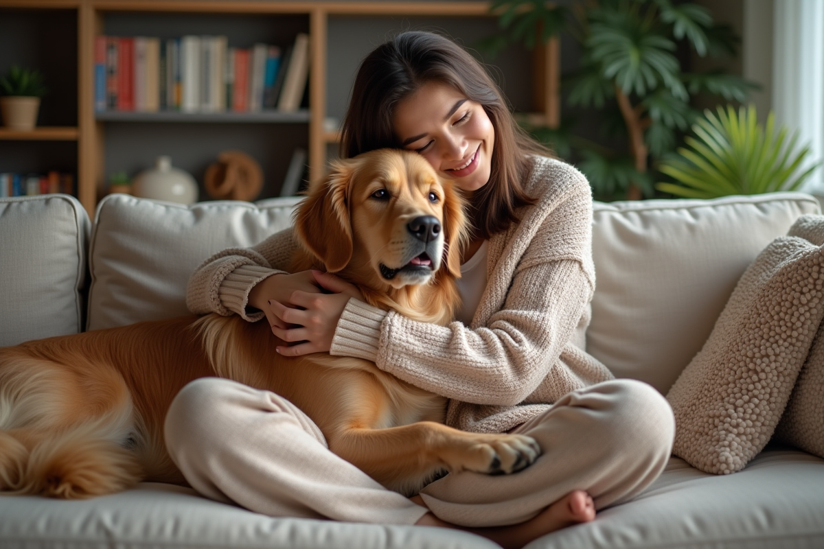 Jeune femme en loungewear avec un golden retriever dans un salon chaleureux