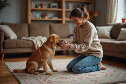 Femme calmee avec un retriever en interieur chaleureux
