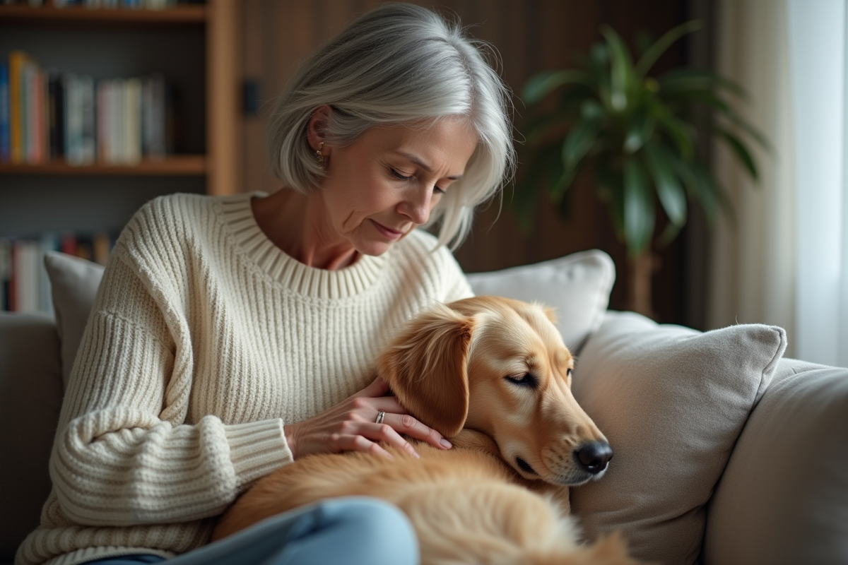 Femme réconfortant son chien golden retriever sur le canapé