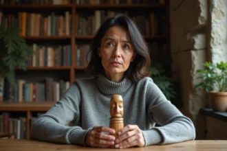 Femme méditative examinant un totem en bois dans un salon cosy