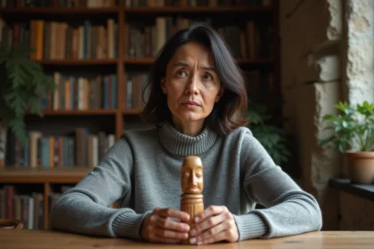 Femme méditative examinant un totem en bois dans un salon cosy