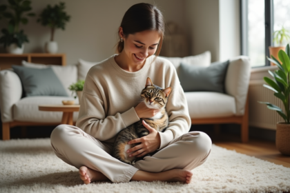 Jeune femme souriante caressant un chat trisomy dans un salon