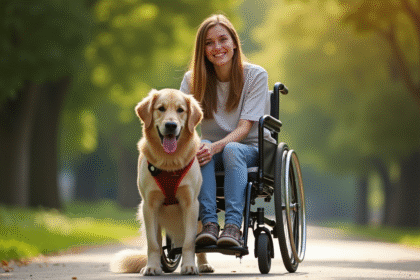 Jeune femme en fauteuil avec chien d'assistance au parc
