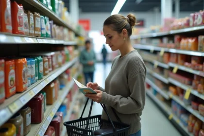 Femme inspectant un prospectus dans un supermarche