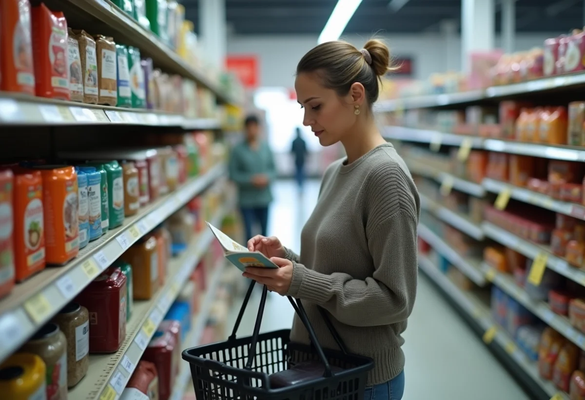 Femme inspectant un prospectus dans un supermarche