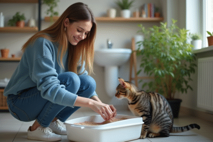 Jeune femme versant de la litière dans la caisse à chat