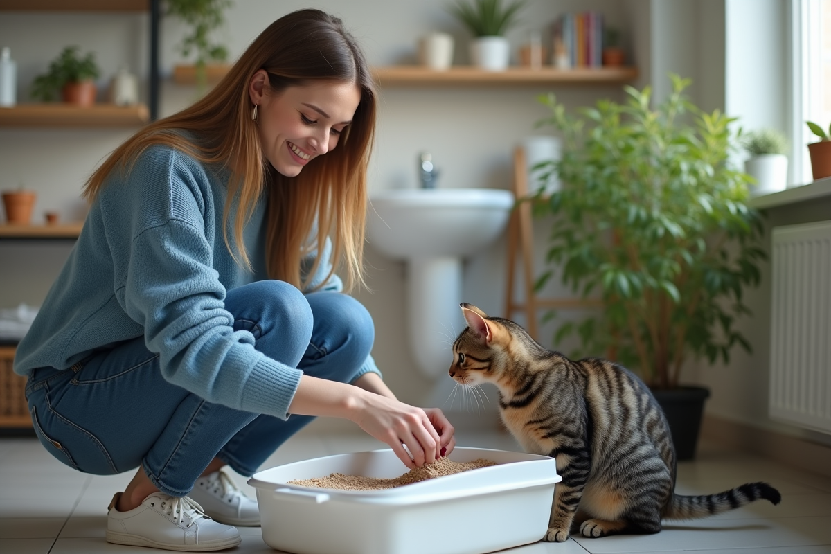 Jeune femme versant de la litière dans la caisse à chat