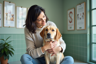 Femme avec un labrador dans un cabinet vétérinaire