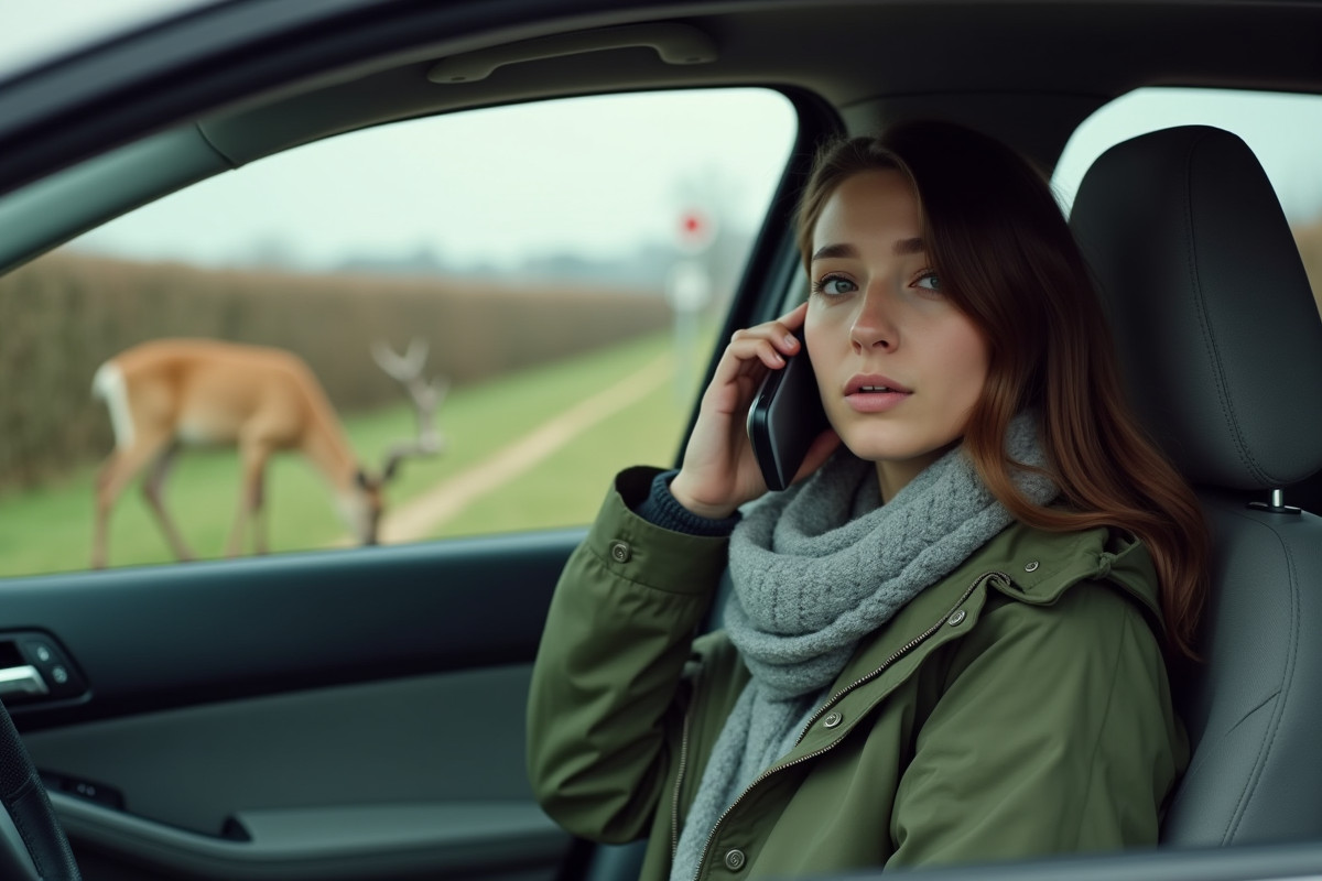 Jeune femme dans sa voiture parlant au téléphone avec un chevreuil en arrière-plan