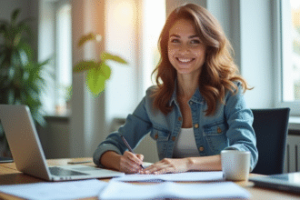 Jeune femme souriante au bureau remplissant documents acaced