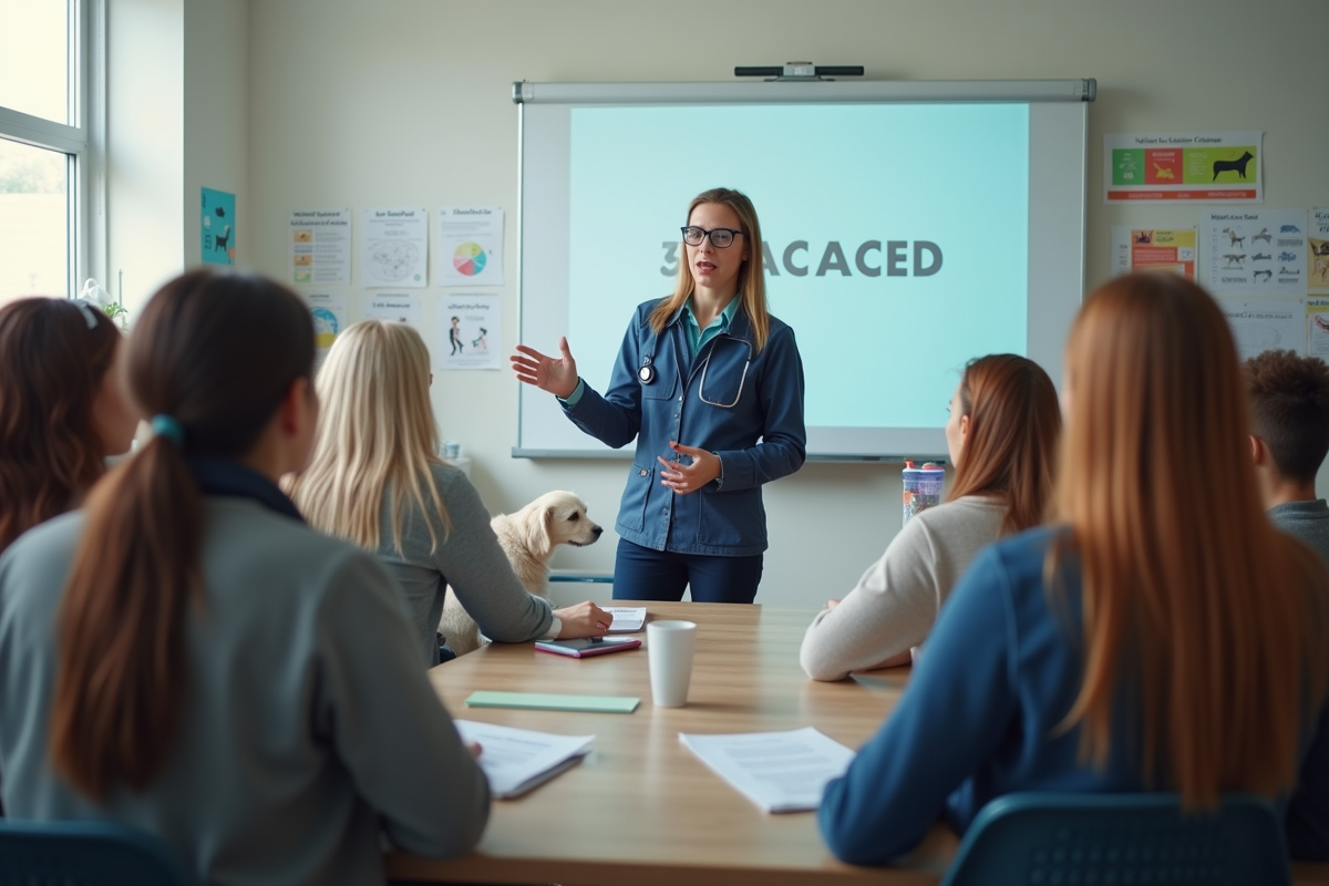 Formateur animalier enseignant à un groupe en formation acaced