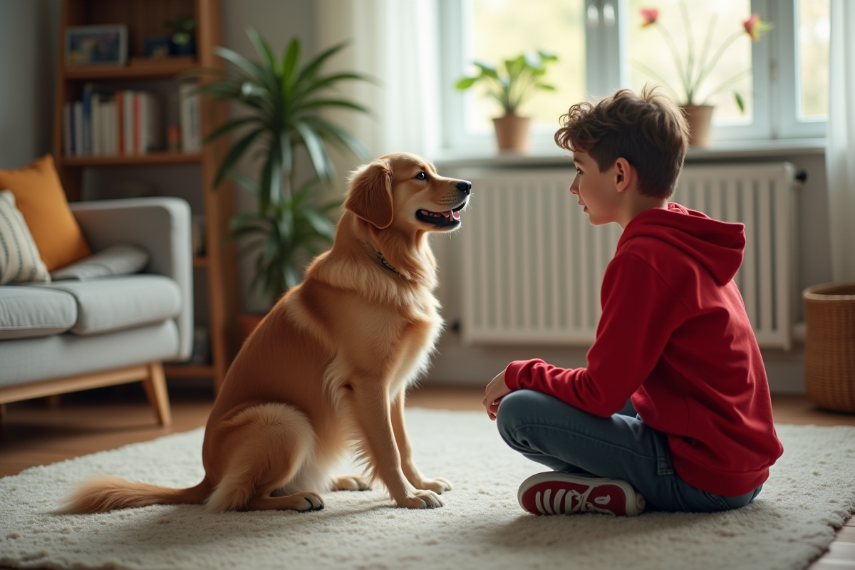 Adolescent concentré à entraîner son chien à la maison