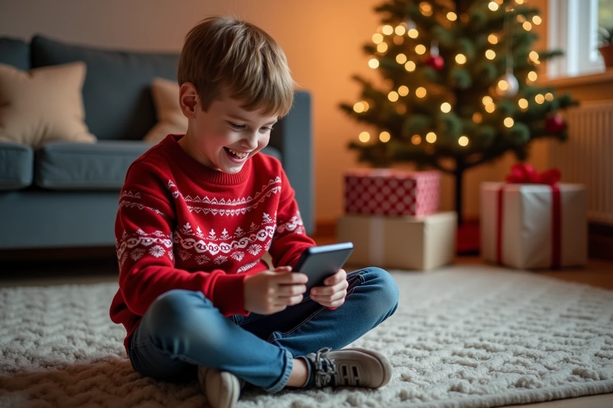 Garçon souriant découvrant un jouet hightech de Noël