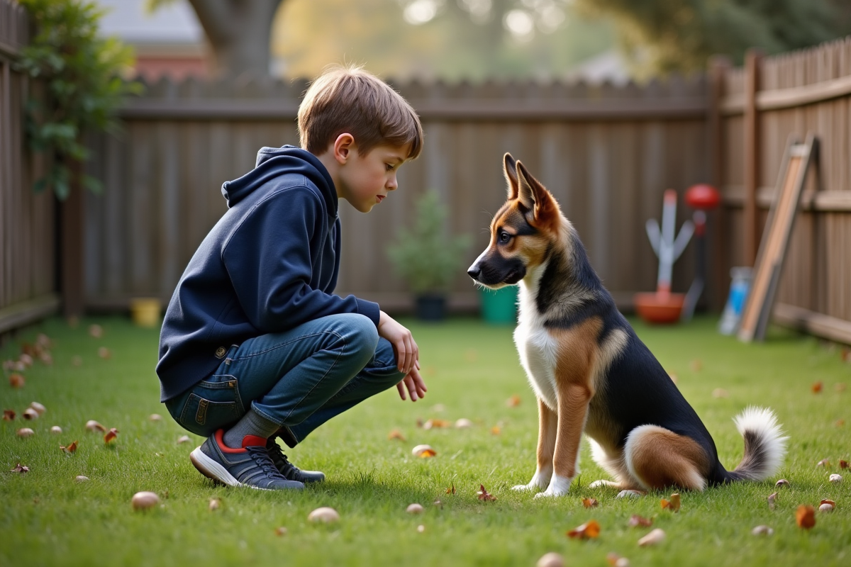 Garcon en extérieur entraînant son chien dans le jardin