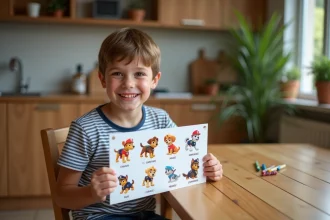 Garçon français souriant pointant un tableau Paw Patrol