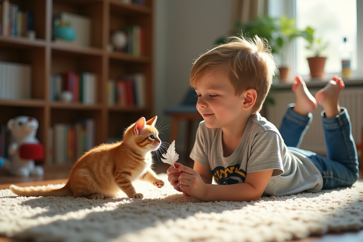 Jeune garçon jouant avec un chat roux dans un salon lumineux