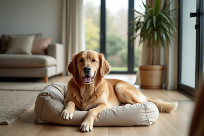 Golden retriever allongé dans son panier douillet à la maison