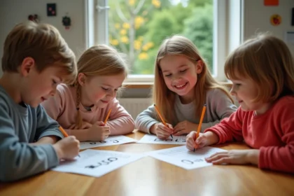 Quatre enfants jouent au Petit Bac autour d'une table