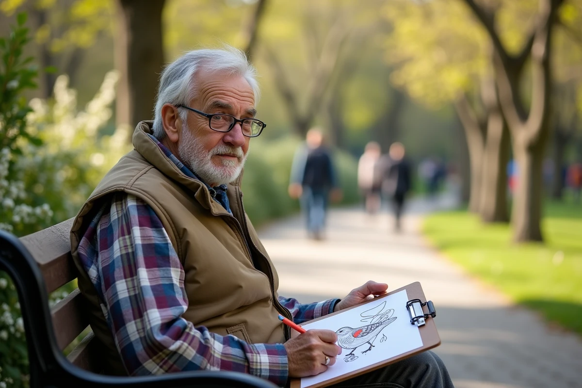 Homme âgé dessinant un oiseau en plein air