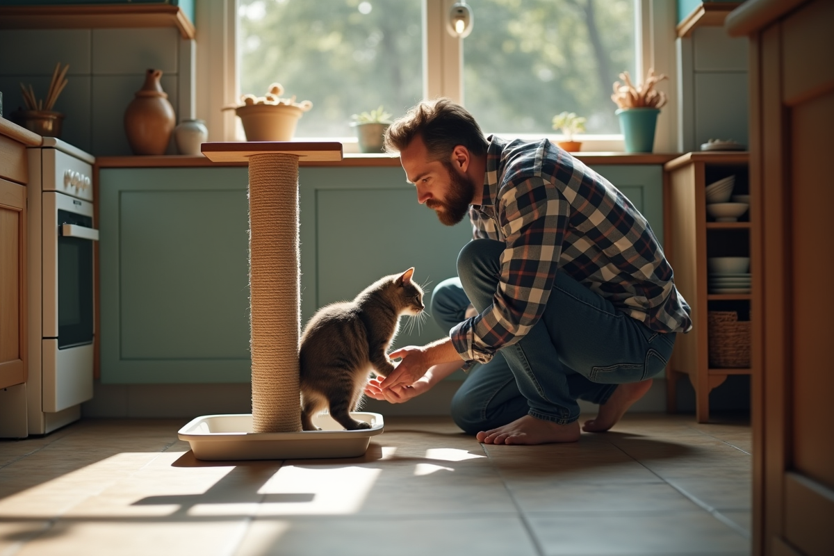 Homme plaçant un arbre à chat dans la cuisine avec son chat