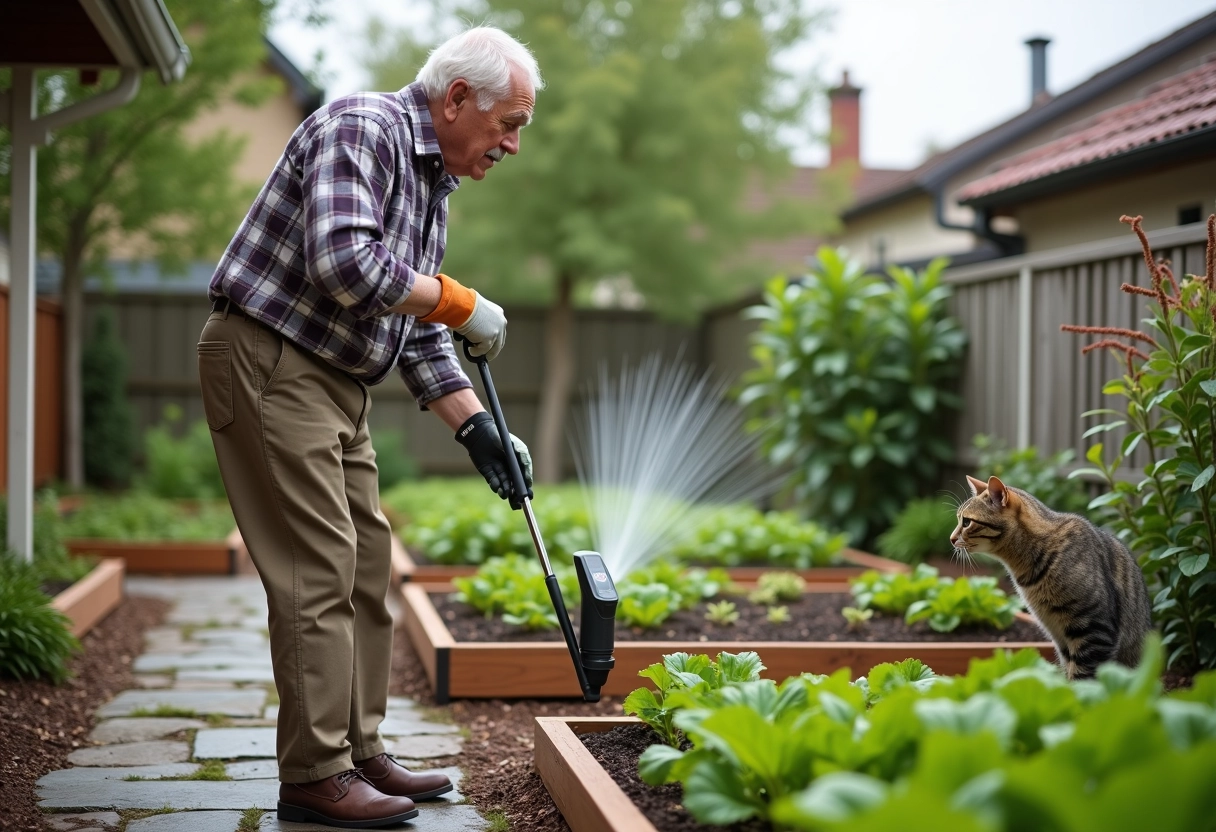 Homme âgé réglant un arroseur dans le jardin