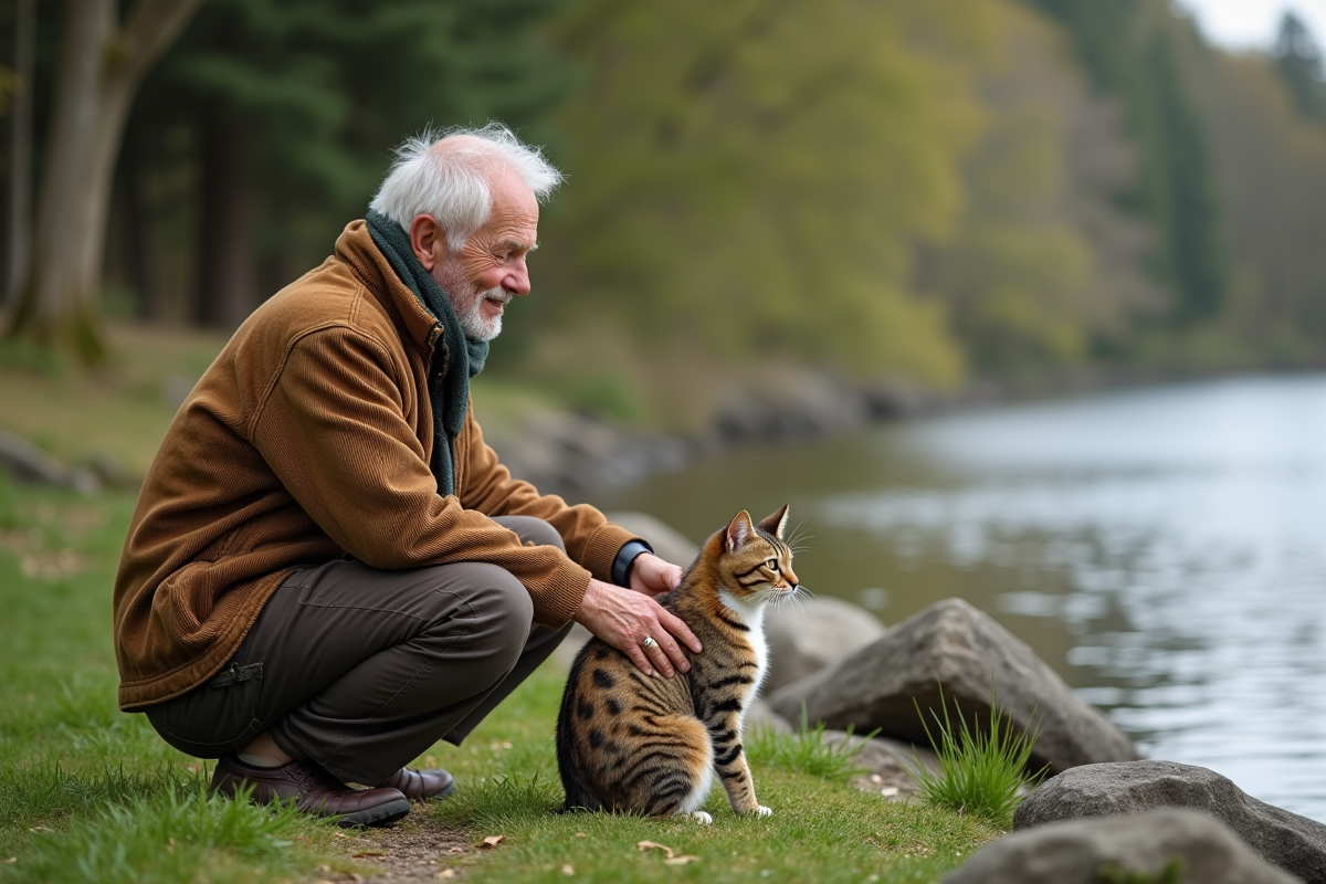 Homme âgé avec un chat calico au bord de la rivière en nature