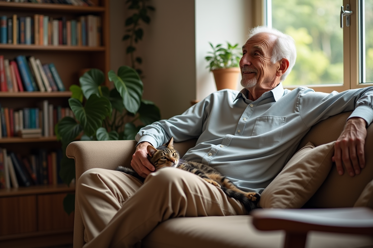 Homme âgé avec un chat dans son salon chaleureux