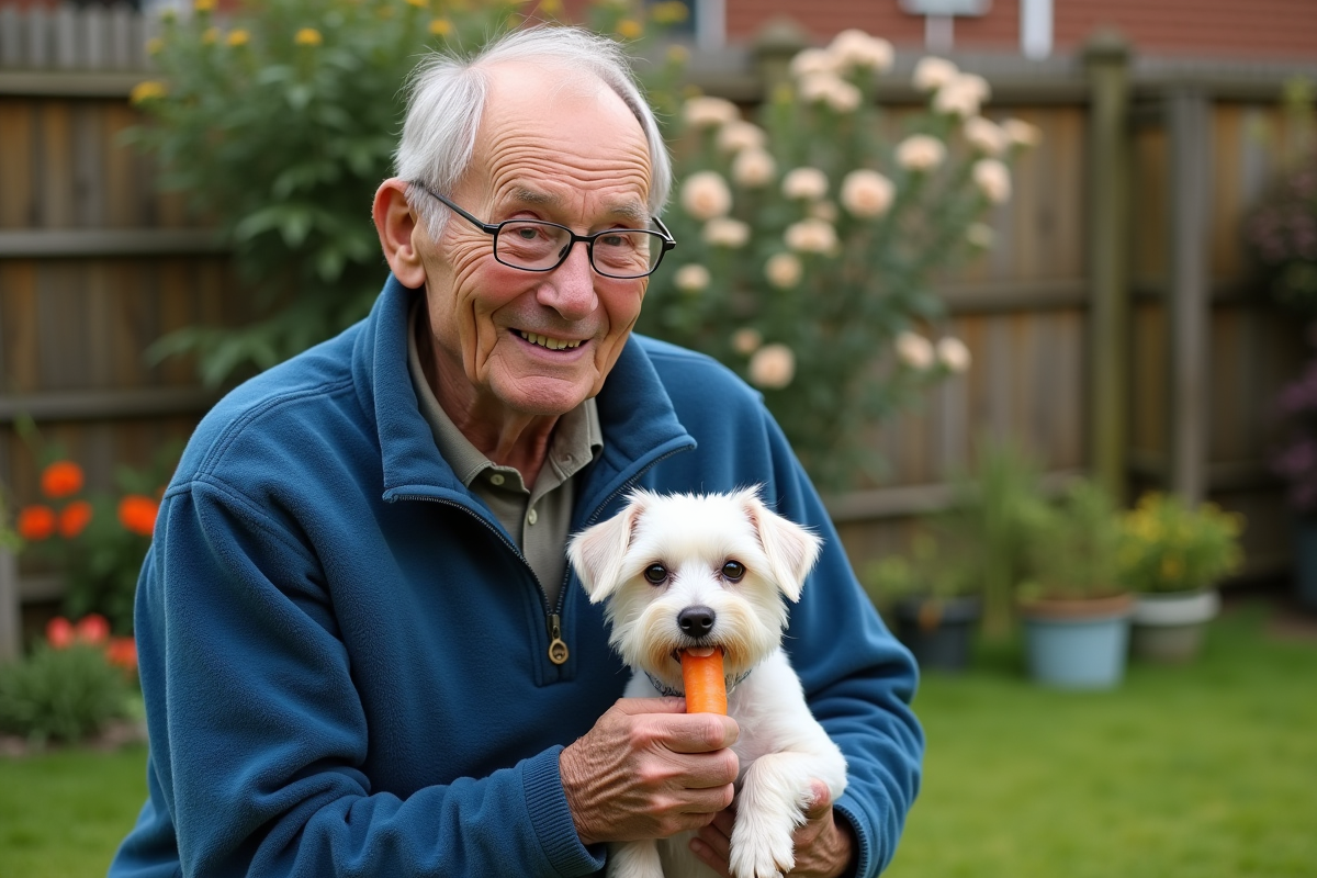 Homme âgé avec terrier dans un jardin naturel