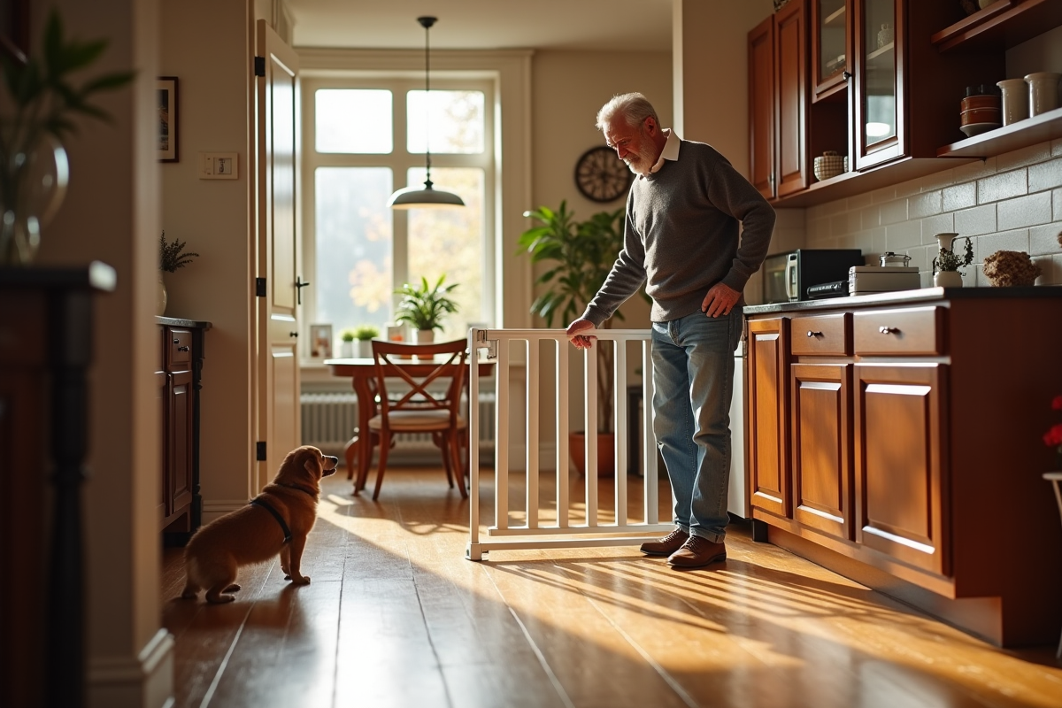 Homme posant une barrière pour chien dans la salle à manger
