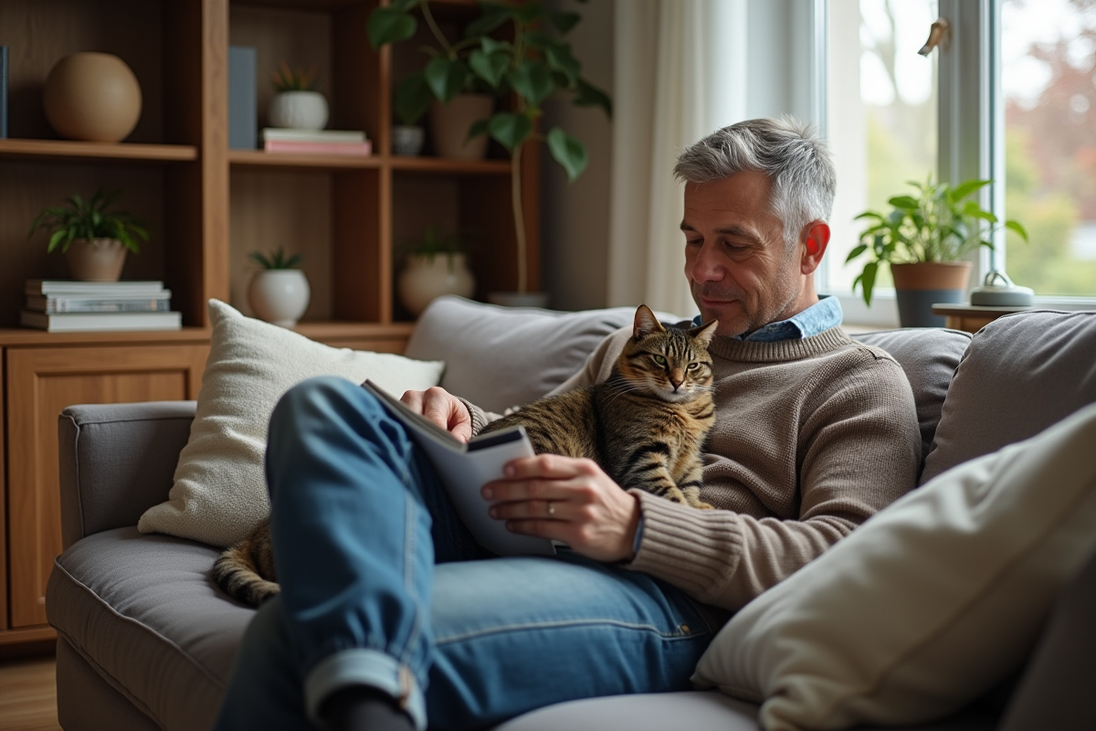 Homme lisant une brochure avec son chat sur les genoux dans un salon