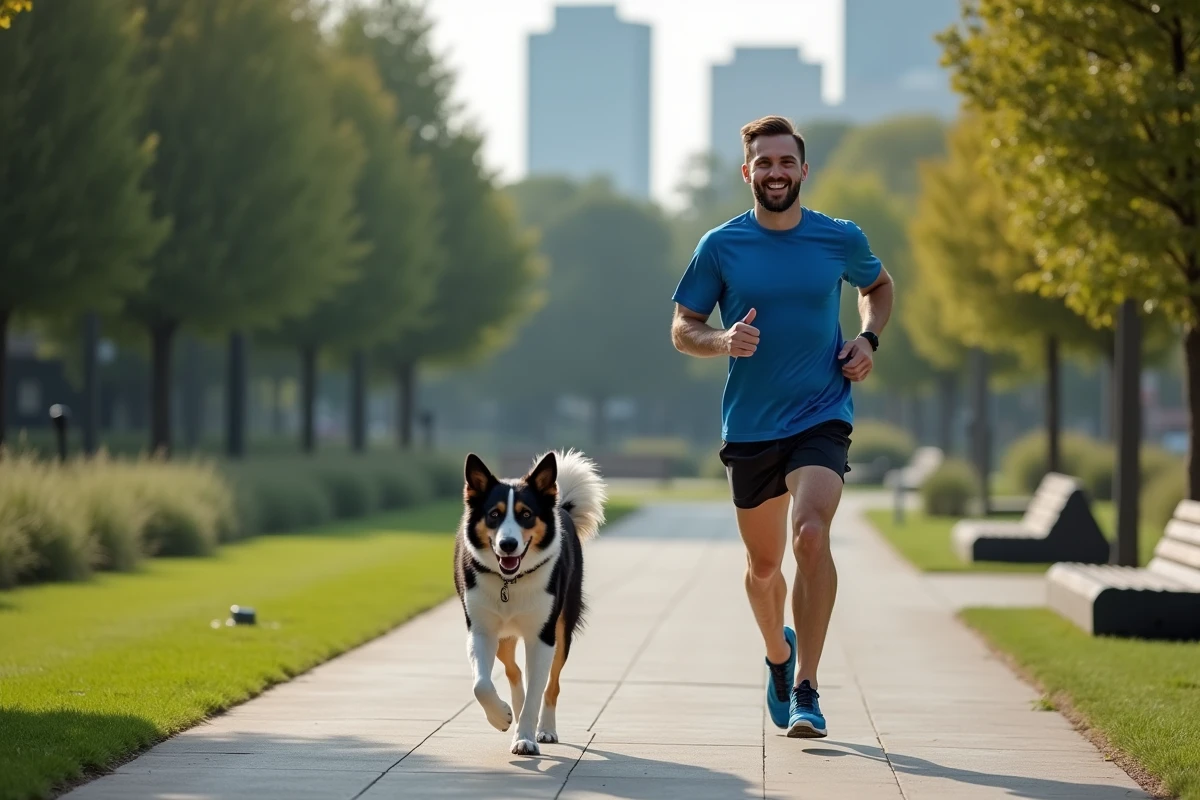 Homme courant dans un parc urbain avec un chien border collie