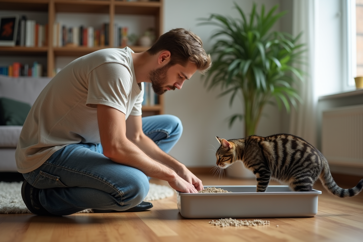 Jeune homme regardant le chat inspecter la litière