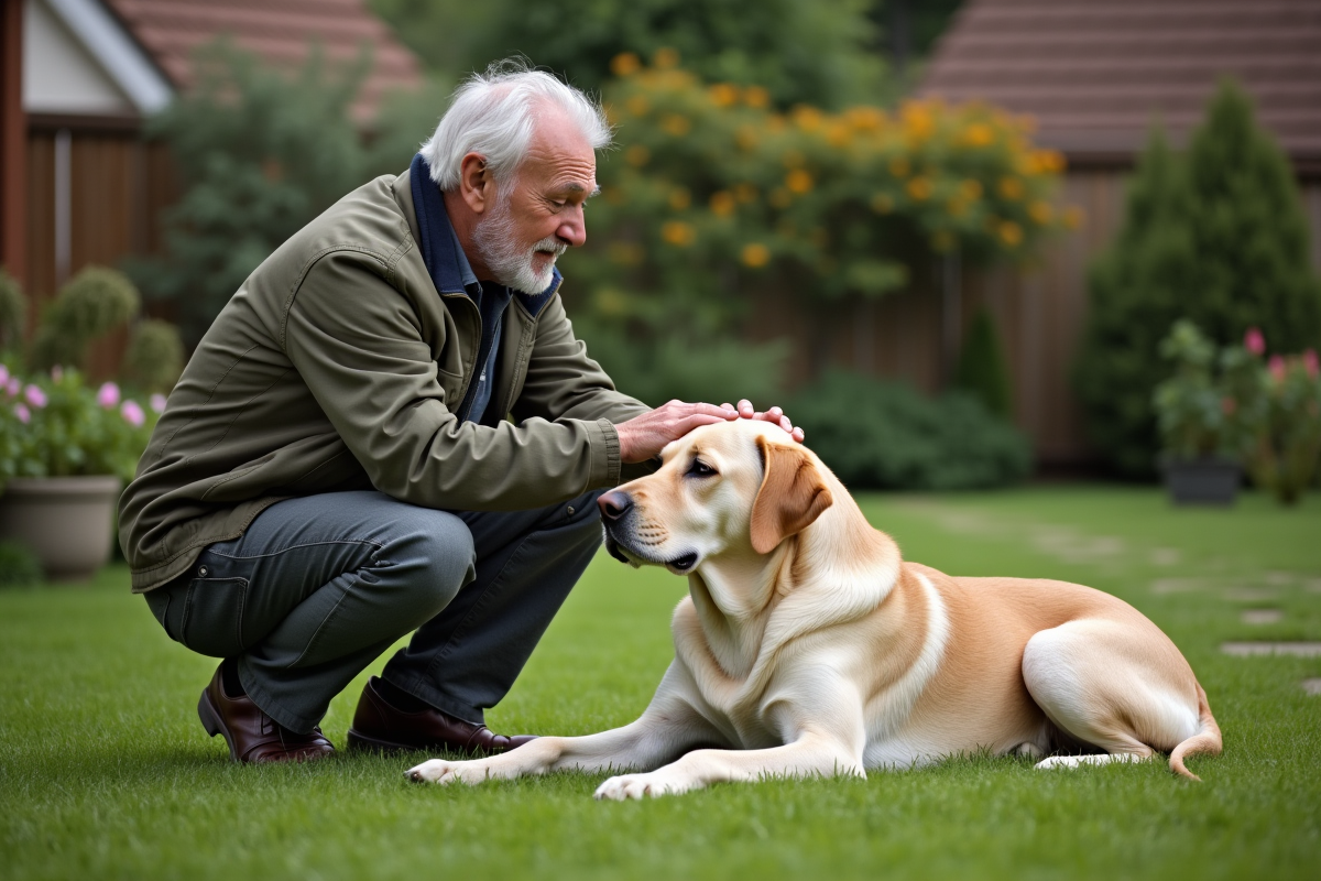 Homme âgé avec son labrador dans le jardin ensoleille