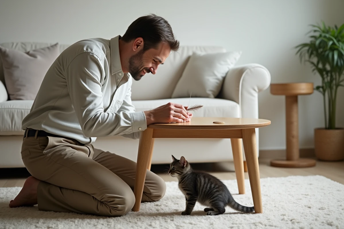 Homme aidant un chaton à jouer avec un jouet dans un intérieur moderne