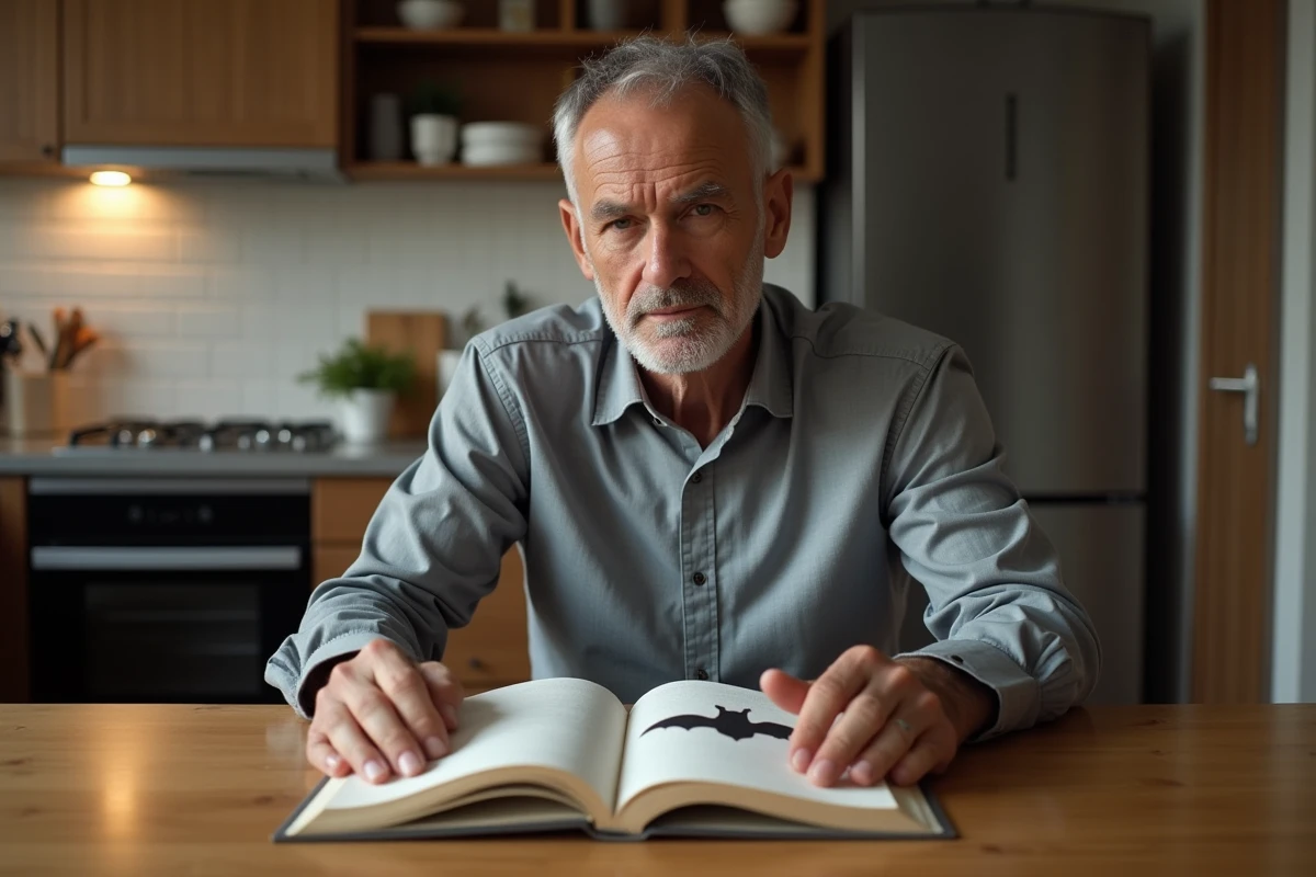 Homme lisant un livre sur la mythologie avec symbole de chauve-souris